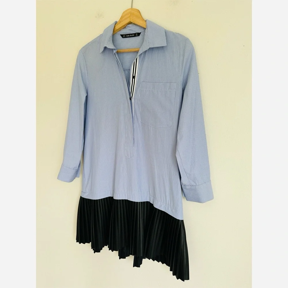 Zara Contrasting Shirt Dress Stripes and Black Faux Leather Skirt Blue Black - Picture 6 of 9